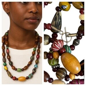 Tribal Boho Artisan Double Strand Necklace Handcarved Wood Ceramic Statement